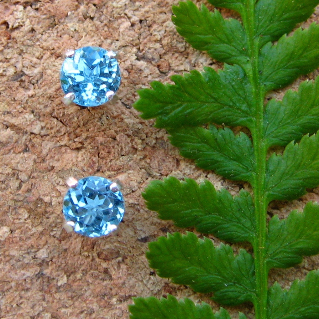 Swiss Blue Topaz Stud Earrings, Sterling Silver with Genuine Gemstones, 4mm