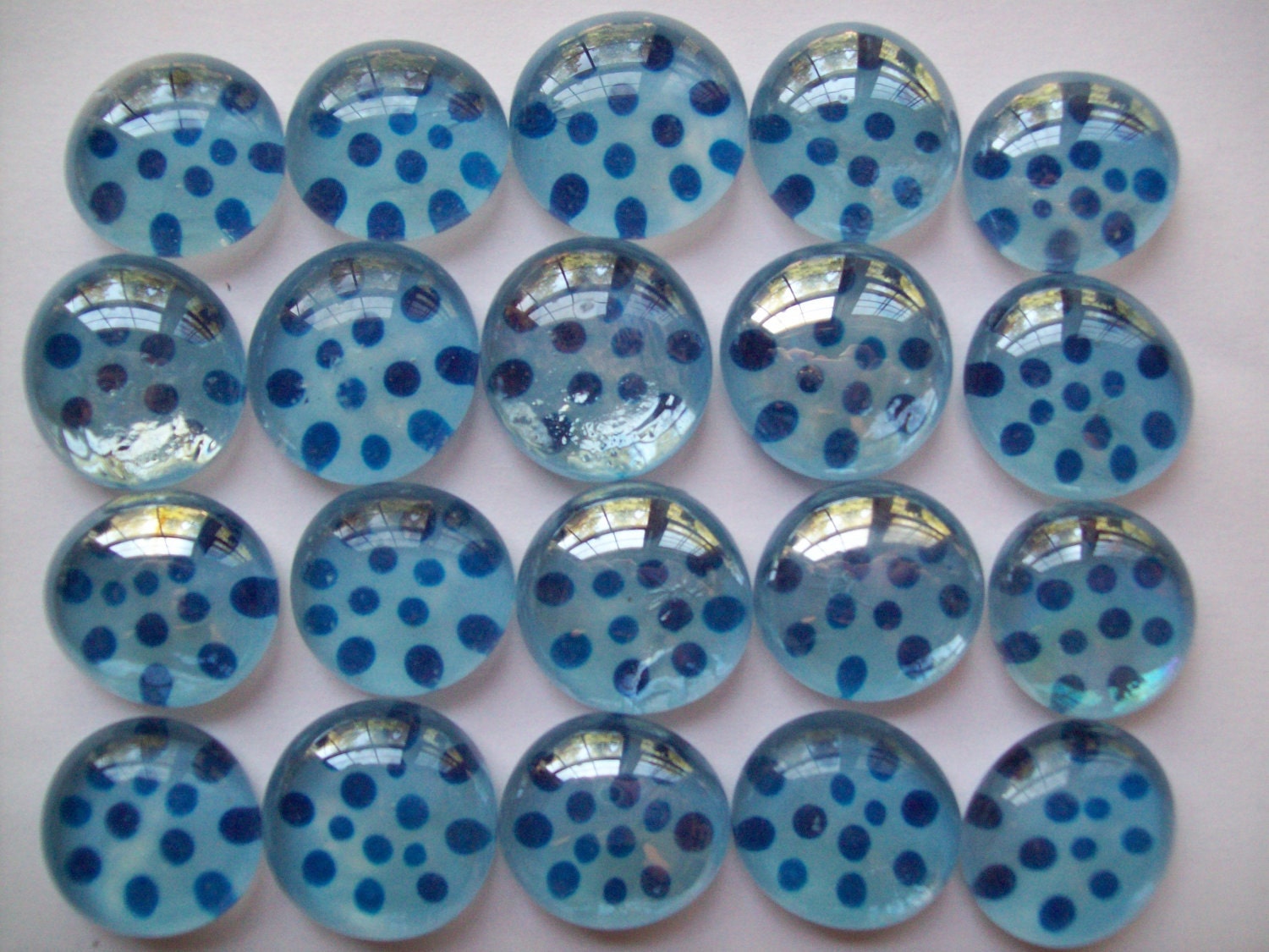 Handpainted glass gems mosaic tile light blue with dark blue polka dots