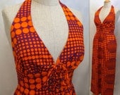 Vintage 60s Op Art Mod Maxi Dress S Purple Orange