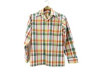Vintage Sport Shirt 1970s Plaid Green Yellow Red Pointy Collar Medium