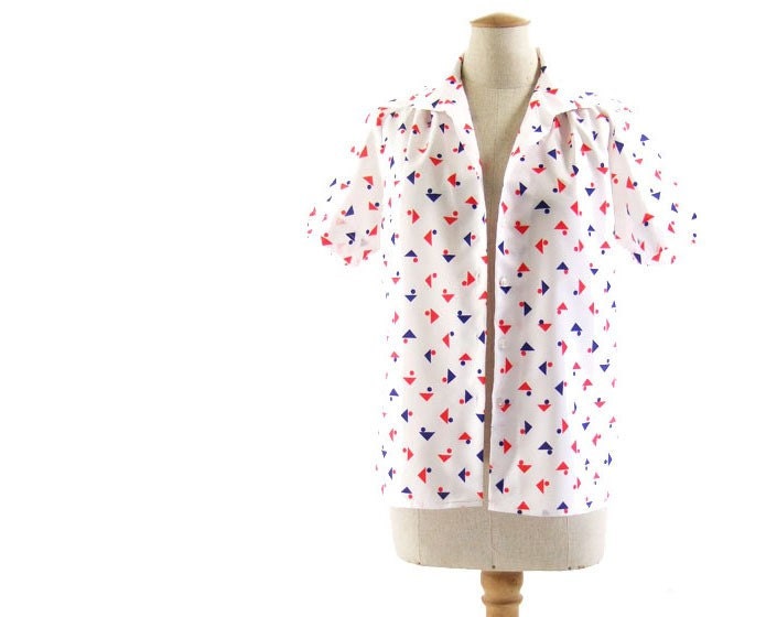 Vintage Blouse 70s Nautical Red White Blue Short Sleeve Large