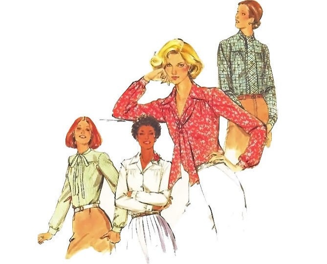 Vintage 70s Blouse Sewing Pattern Bow Pointy Collar Large XL Uncut
