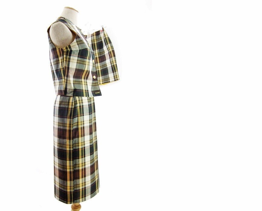 Vintage Plaid Skirt Vest Shorts Brown Yellow Reversible Unworn Small