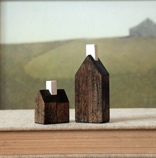 miniature houses solid wood walnut stained minimalist wood town set - TheHauntedHollowTree