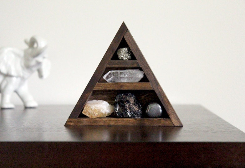 RESERVED - Stone Set and Triangle Wood Curio Shelf - Crystal Mineral Set Number 13