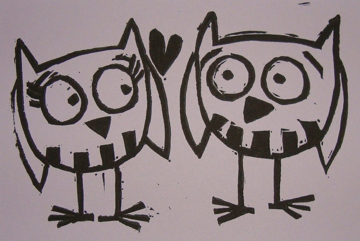 Owl Always Love You-Mixed Media Linocut 5 x 7 in 8 x 10 Mat
