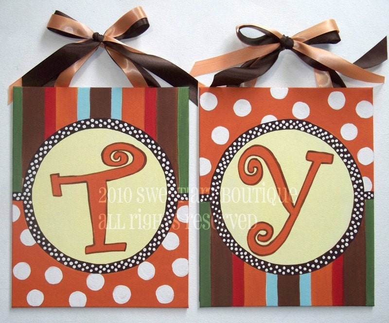 Custom Canvas 8x10 letter name sign door wall art painting orange brown green yellow blue red stripes dots nursery baby