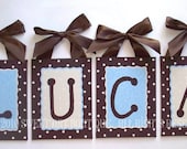 Custom 8x10 canvas letter name sign wall painting monogram initials boy art brown cream blue dots swirls nursery