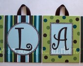 8x10 Lime Green Brown custom canvas letter name sign wall painting initial teal blue lime stripes dots art nursery baby