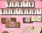 CUPCAKE Huge Standard basic Party Package pack DIY digital Printable Pink brown pennant banner garland birthday happy invitation decoration bunting cupcake topper napkin silverware wrap polka dots sweet sweets