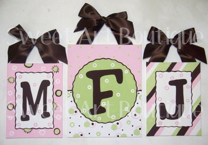 Pink Brown Green Stripes Dots Circles Custom canvas letter name sign wall Monogram Set INITIALS art handpainted white