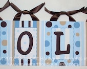 Blue Brown Dots Stripes 6x8 custom canvas letter name sign wall monogram initials art hand painted BOY chocolate
