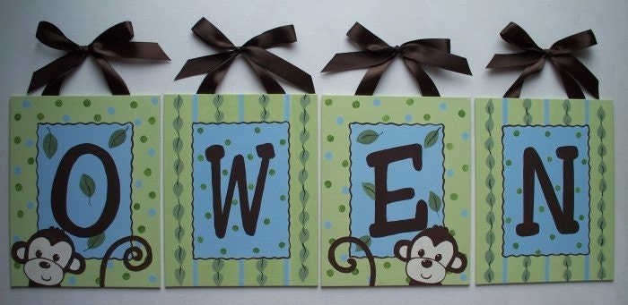 Custom canvas 8x10 name sign wall art monkey boy green leaves jungle animals door nursery kids baby
