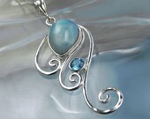 Larimar Necklace - Larimar Blue Topaz Pendant - Silver Wave Swirl Gemstone Necklace - Unique Ocean Inspired Blue Topaz Larimar Jewelry