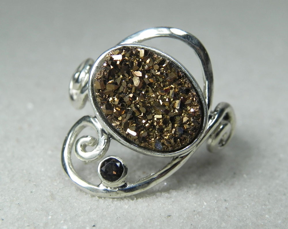 Druzy Ring -  Drusy Ring  - Unique Swirl Spiral Ring - Sterling Silver Smokey Quartz - Geode Jewelry - Gold Bronze Chocolate Copper Glitter