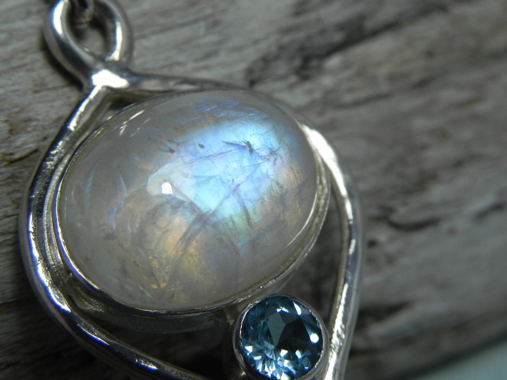 Moonstone Necklace - Rainbow Moonstone Blue Topaz Pendant -  Sterling Silver Swirl Gemstone - Moonstone Topaz Jewelry - Winter Blue Ice