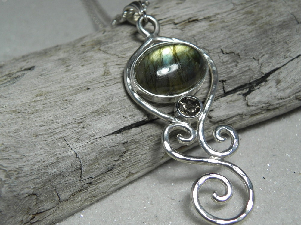 NECKLACE - Labradorite Sterling Silver Spiral Swirls Necklace - Coffee Brown Smokey Quartz Teal Green Labradorite Necklace - Fall Fashion