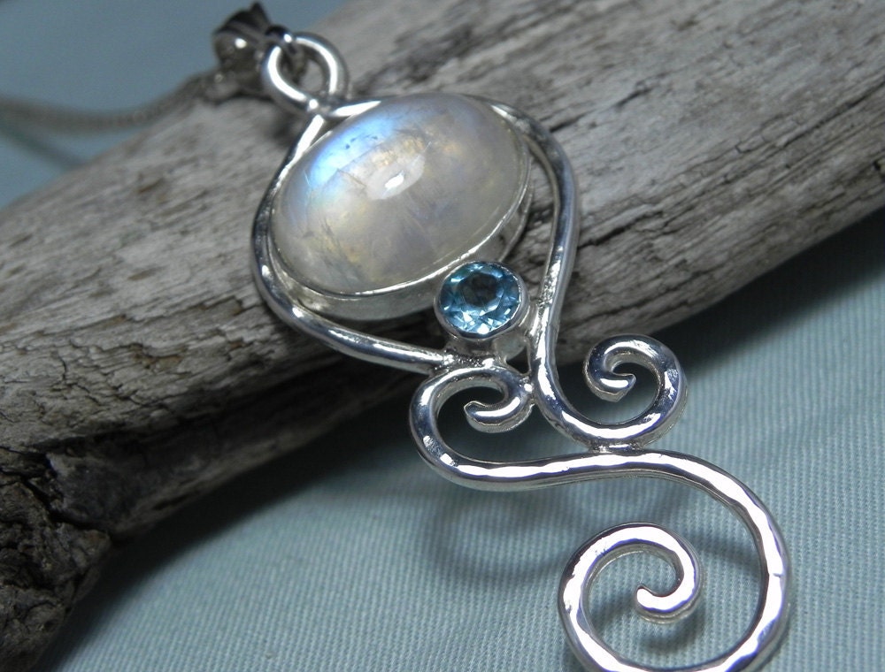 Moonstone Necklace - Rainbow Moonstone Blue Topaz Pendant -  Sterling Silver Swirl Gemstone - Moonstone Topaz Jewelry - Winter Blue Ice