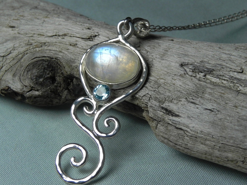 Moonstone Necklace - Rainbow Moonstone Blue Topaz Pendant -  Sterling Silver Swirl Gemstone - Moonstone Topaz Jewelry - Winter Blue Ice