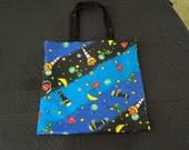 Space tote OOAK   Great tote bag for children  carries many treasures coloring book and crayons travel tote shoe bag