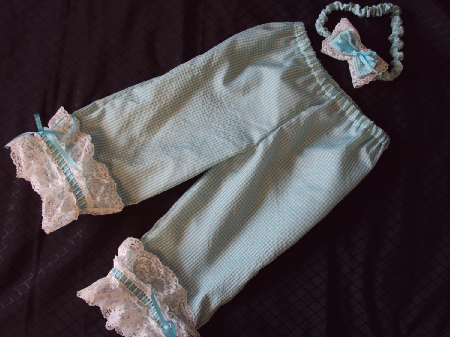 Pantaloons  CUTIE party PANTS  in aqua gingham  OOAK  Toddler 3  with hairbow  Halloween  mary had a lamb,