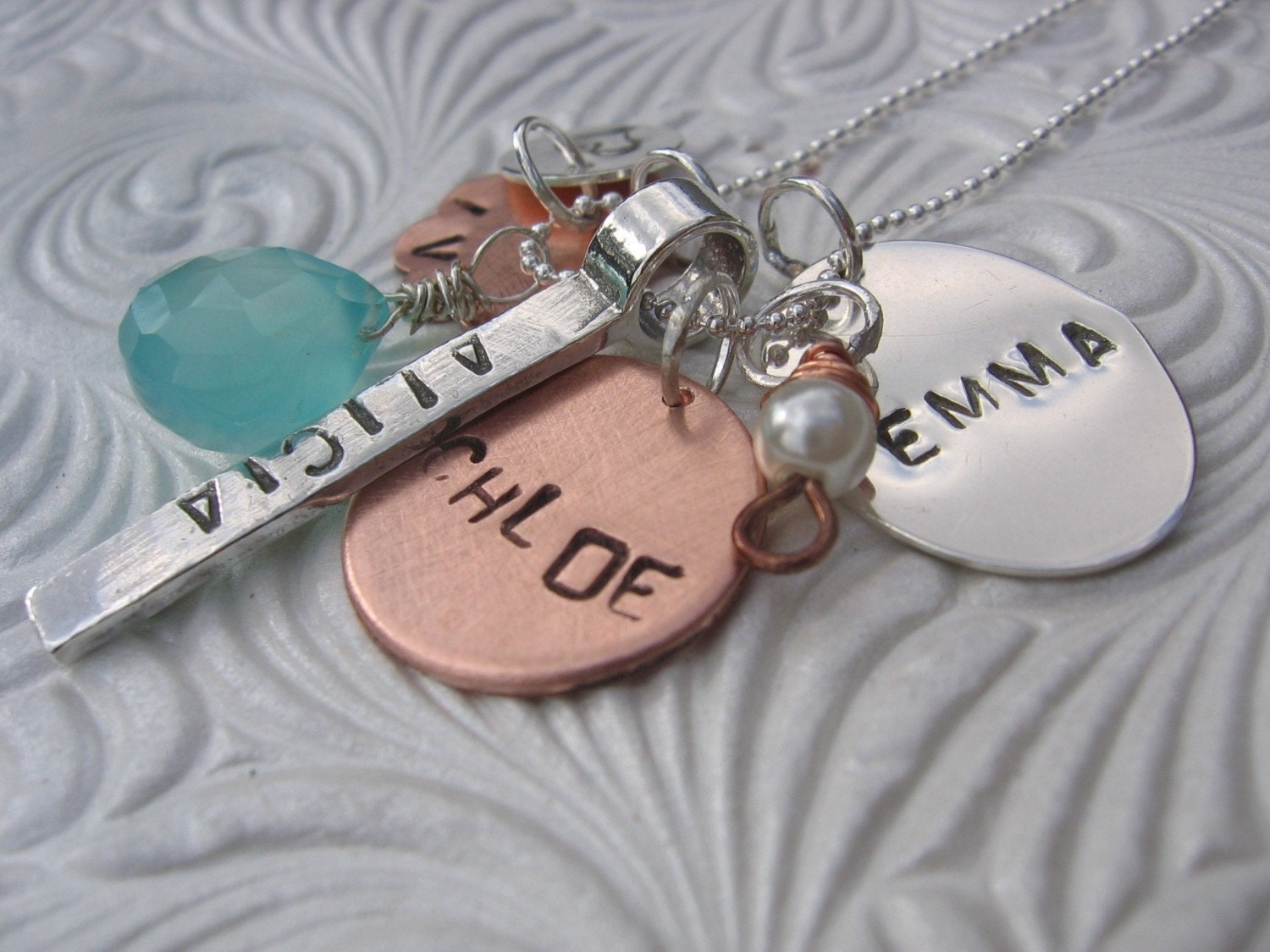 Black Friday Shabby Chic Designs HAND STAMPED Messy Style Aqua Chalcedony Necklace