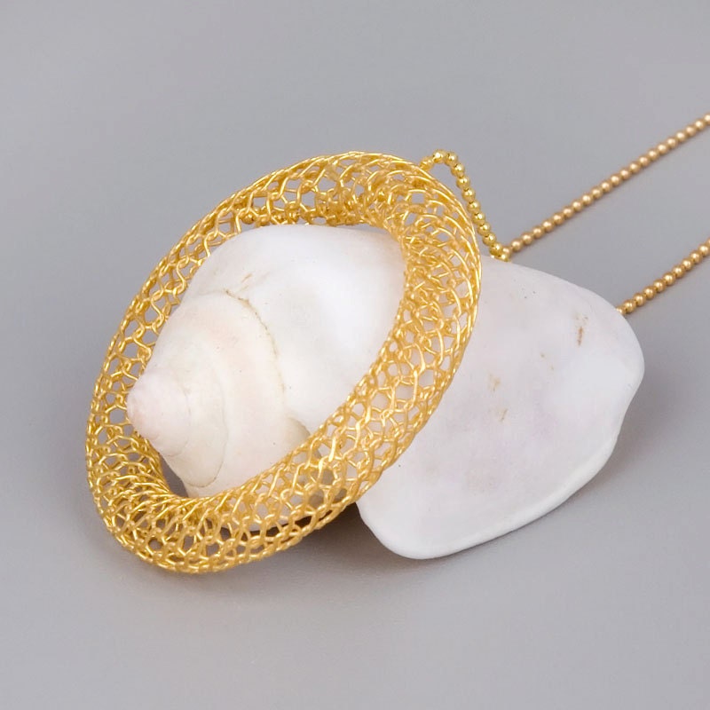 Gold Necklace with Big Circle - Handmade Lace 18K Yellow Gold Plated Jewelry