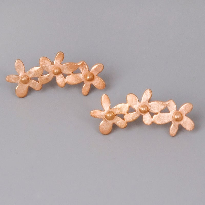 Rose Gold Flowers Studs Earrings - Handmade Sterling Silver 18k Rose Gold Plated Jewelry - Rose Garden Posts