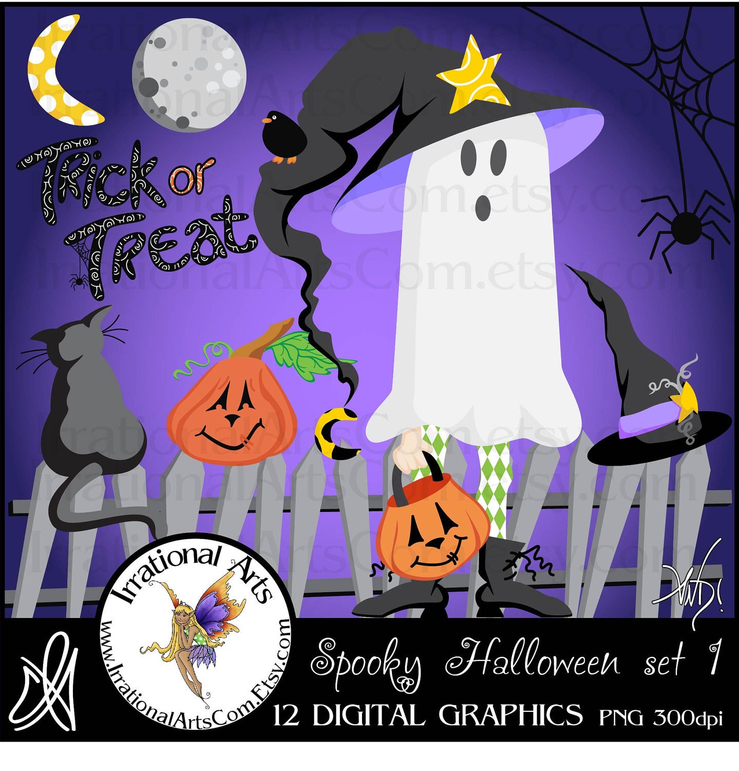 Spooky Halloween set 1 with 13 png files clip art graphics for scrapbooking wtih a Ghost Witch Cat Witch Hat Pumpkin Crow Moons Fence