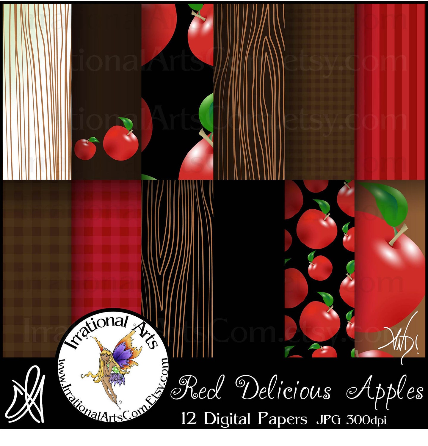 INSTANT DOWNLOAD Red Delicious Apples 1 Digital Scrapbooking Papers 12 jpg files Red and Brown Autumn colors