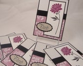 Set of 6 modern floral thank you notes in raspberry purple, black, tan and white