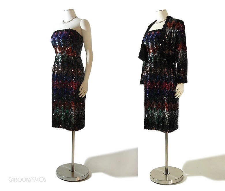 Vintage 60s LILLI DIAMOND Cocktail Dress Jacket Set - Dark Rainbow Sequin Dress Set S / M
