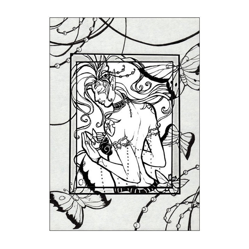 Embrace of Wings - Gothic Tattooed Butterfly Elf - Double Matted Original Ink Drawing