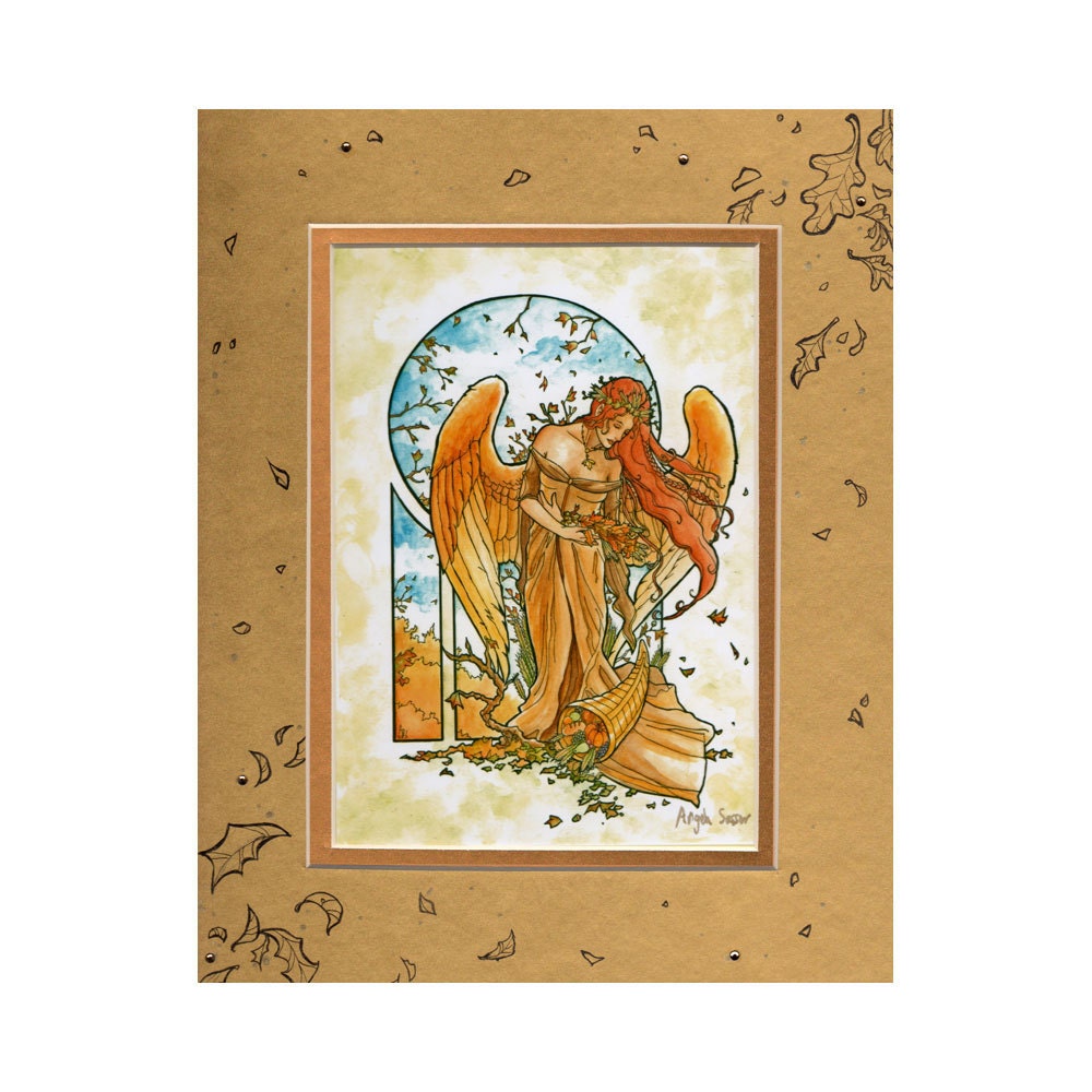 Double Matted Embellished 5x7 Print Angel of Autumn with Swarovski Crystal and Ink Drawing