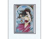 ACEO Double Matted Print Art Nouveau Holiday Poinsettia Lady