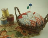 Vintage Quilt Pincushion Basket Upcycled Repurposed