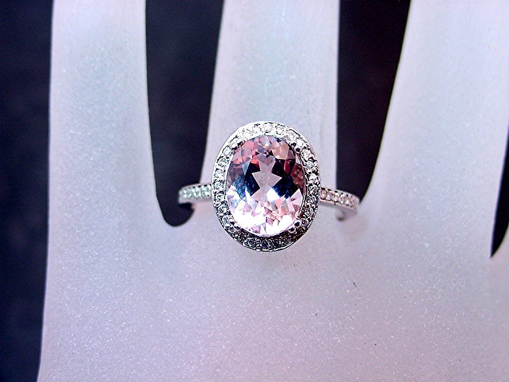 2.69 Carat 10 X 8mm. Natural Pink Morganite set in a 14k White gold ring with diamonds (.30ct) Ring 0818
