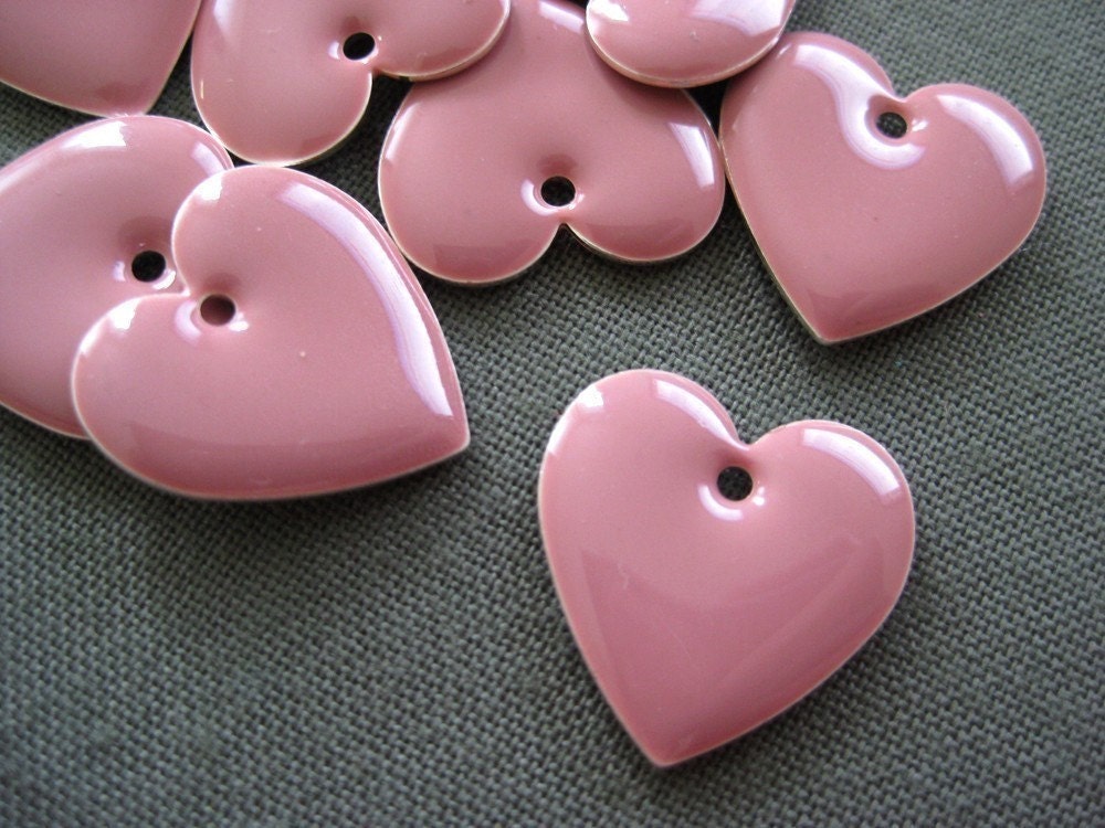 cute rose pink enameled heart charm, 6 pcs