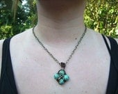 Turquoise Gemstone Woven Cross Pendant with Antiqued Brass Chain