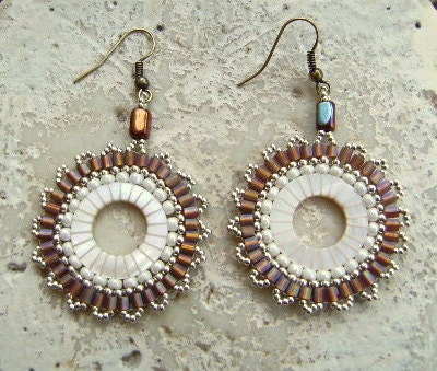 Beaded  Creamy White Circlet Shell Earrings