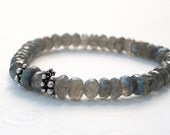 Blue Flash Labradorite Faceted Rondelle Sterling Silver Bead Stretch Bracelet