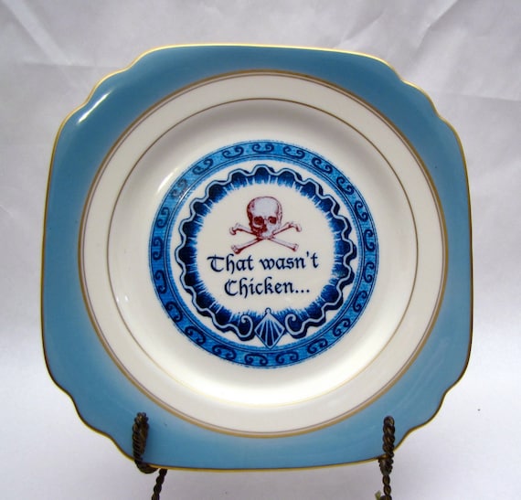 Poison Plate Ivory and Blue altered vintage That wasn't chicken  Skull and Cross Bones wall dish Olympian Blue Red Retro Halloween