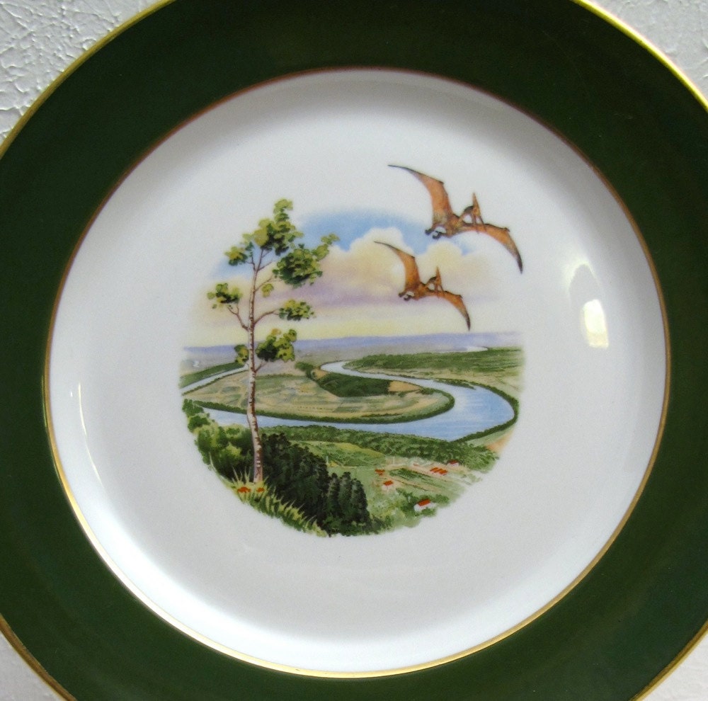 Vintage Prehistoric altered vintage plate Dinosaurs Natural History Idyllic Countryside 40s Syracuse China