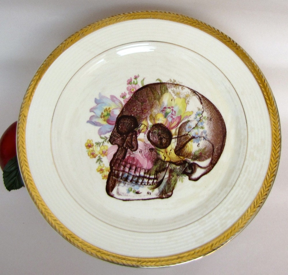 Skull Cake Plate Display Stand Floral Halloween home decor altered vintage dish