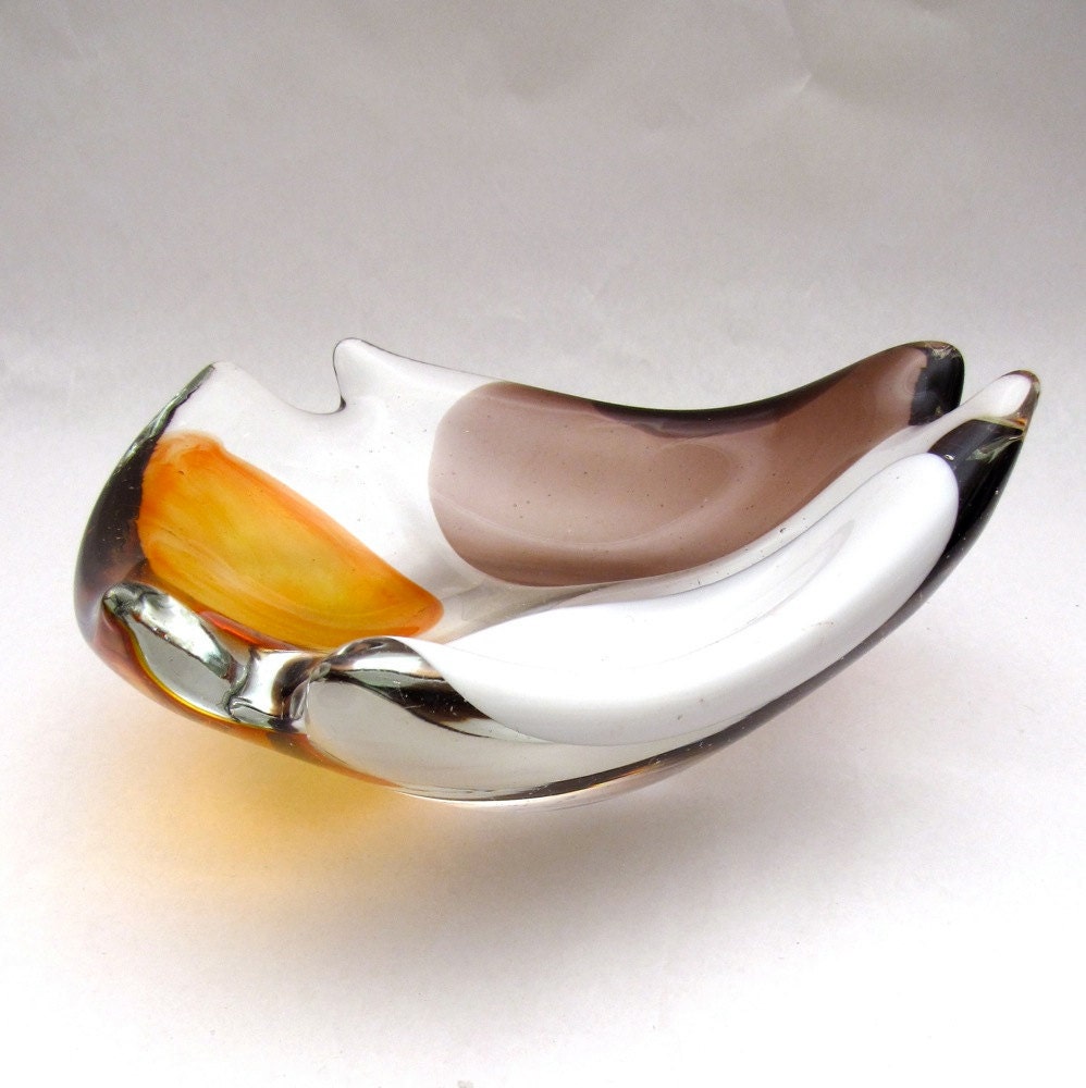 Vintage Murano Glass Dish violet tangerine white cased candy dish Mid Century Modernist design