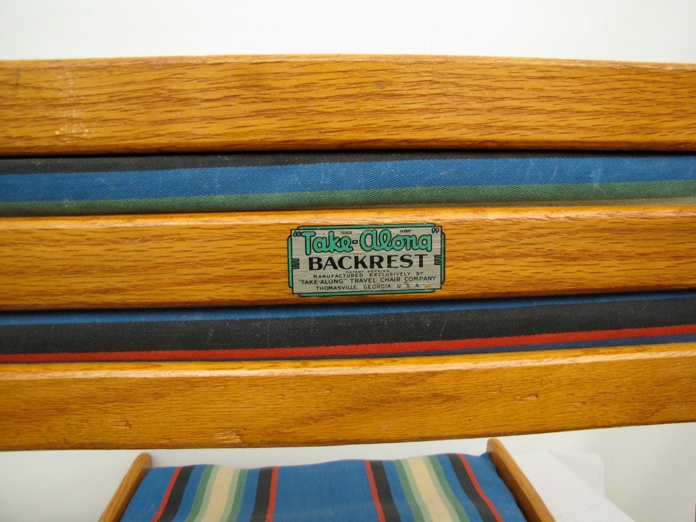 Summer Camp vintage folding oak and striped canvas portable travel chair Canoe Seat 1930s 40s