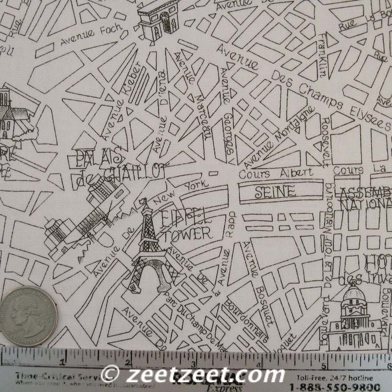 MAP of PARIS White Black - Quilt Fabric Fat Quarter Yard - French Maps France Eiffel