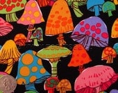 RARE Colorful MOD MUSHROOMS Black Quilt Fabric - by the Yard - Retro Style 60s 70s Design - New Fabric (Not vintage)