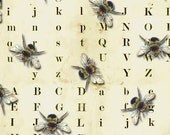 RARE - BEES Vintage LETTERS Quilt Fabric - Tracie Huskamp Mixed Media Collage Garden Tales - by the Yard