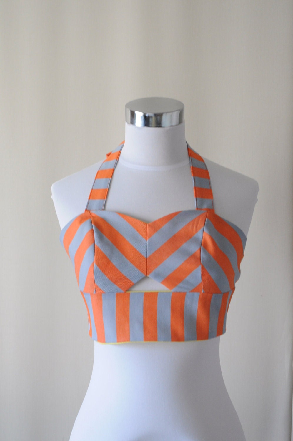 Orange & Gray Chevron Stripes Bustier Top - Peek-A-Boo Key Hole - Cut Out - S